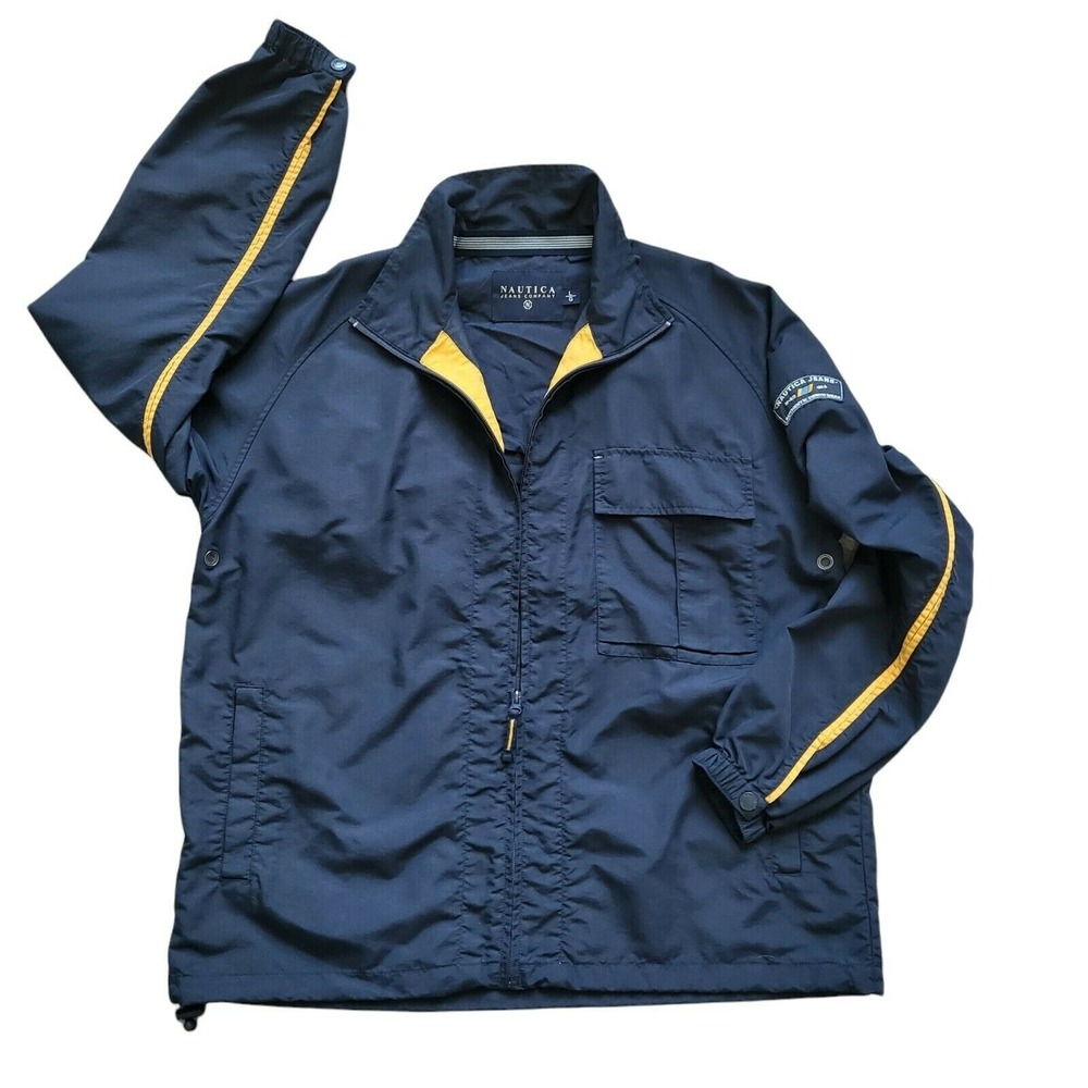 Nautica Jeans Patch Mens Jacket Windbreaker Full Zip Golf Beach Travel Blue Sz L